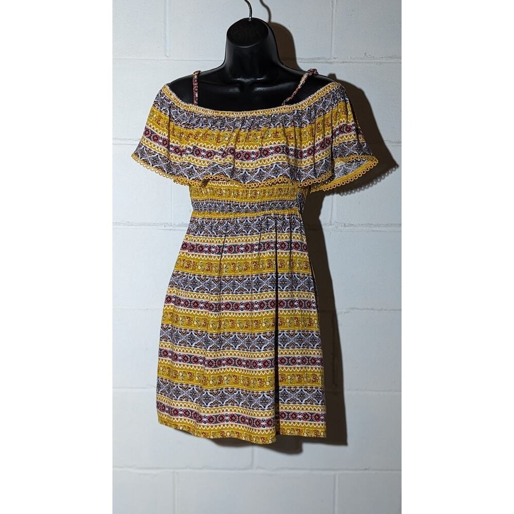 Lily Rose Stripe Off Shoulder Dress Short Sleeve Smocked Waist Ruffle Xsmall